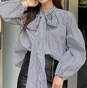 ZARA Puffed Sleeve Button-up Bow Blouse Sz XL